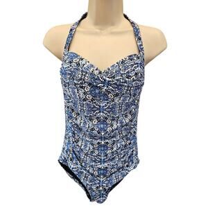 Nip tuck swim suit multi fit cup padded support bra lift blue Medallion sz 8